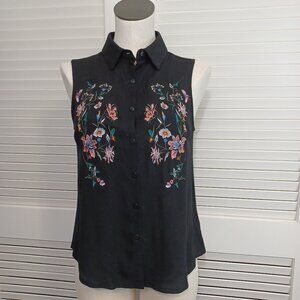 i Joah Blouse Womens Small Embroidered‎ Black Button Front Sleeveless Boho